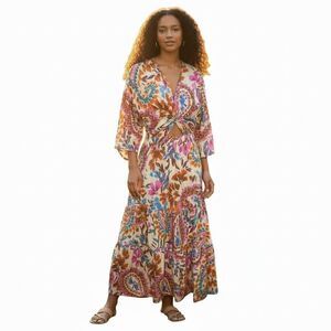 Zara Floral Midi Dress XS Knot Detail Elastic Waist Tiered Balloon Sleeve Boho